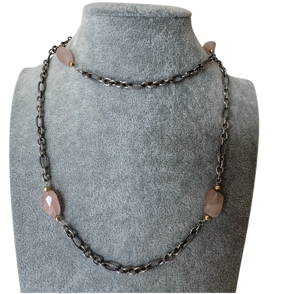 925 Sterling Silver 14k yellow gold Designer Chain Necklace with Rose Quartz NEW